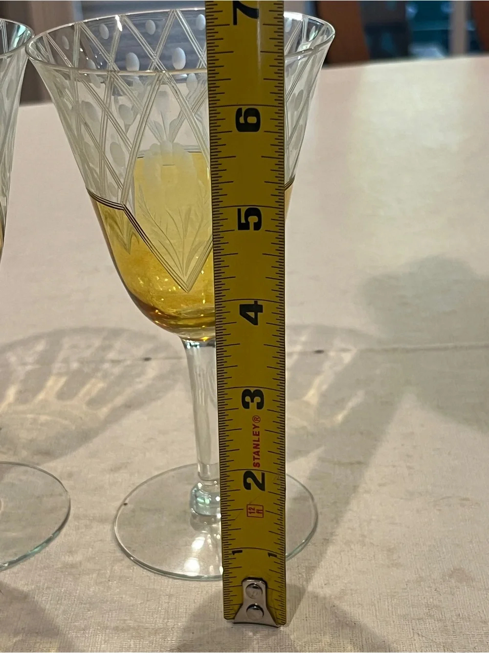 Vintage MCM Cut Crystal floral Yellow Wine Glasses - Set of 2. Gorgeous!